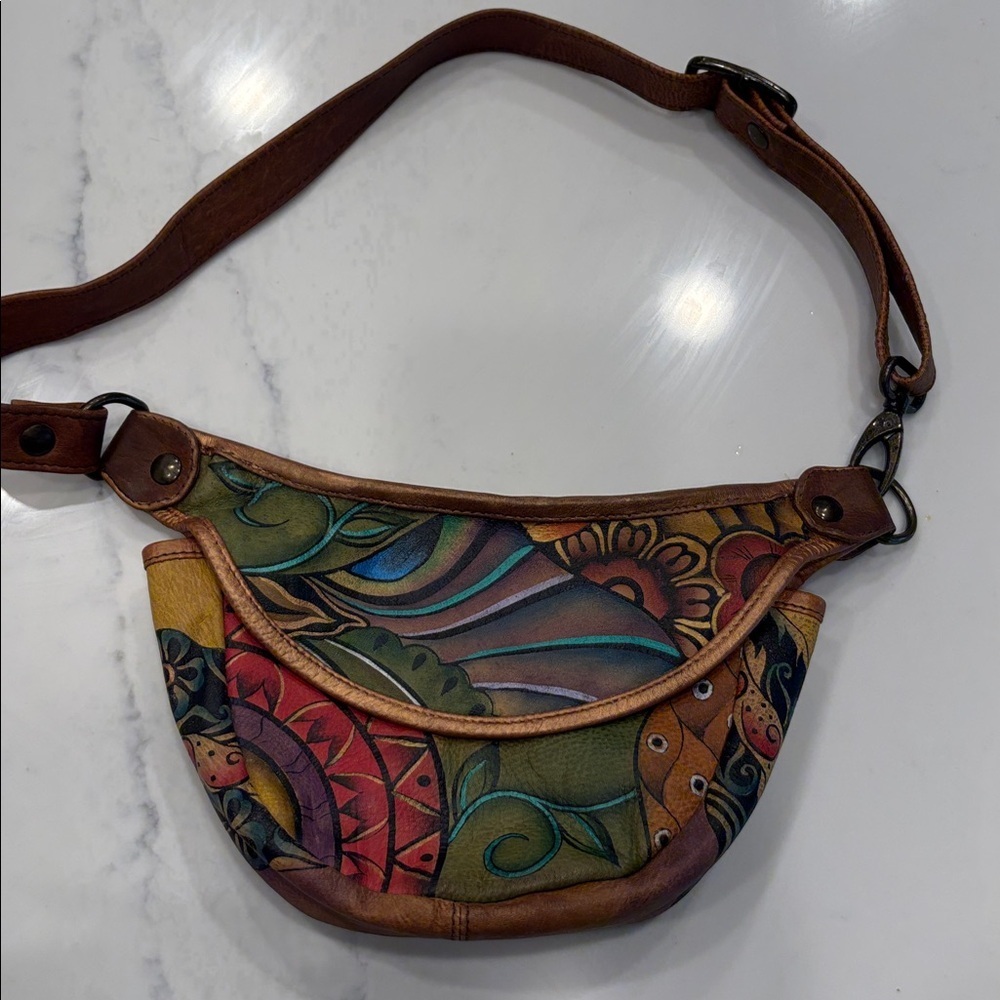 ANUSCHKA genuine leather flap shoulder bag hand painted colorful artsy brown